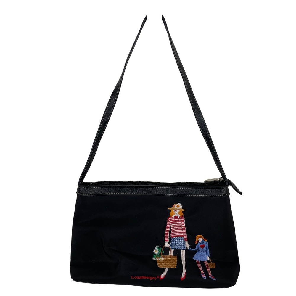 Longaberger Black Nylon‎ Crossbody Bag Embroidered Woman Child Picnic Basket